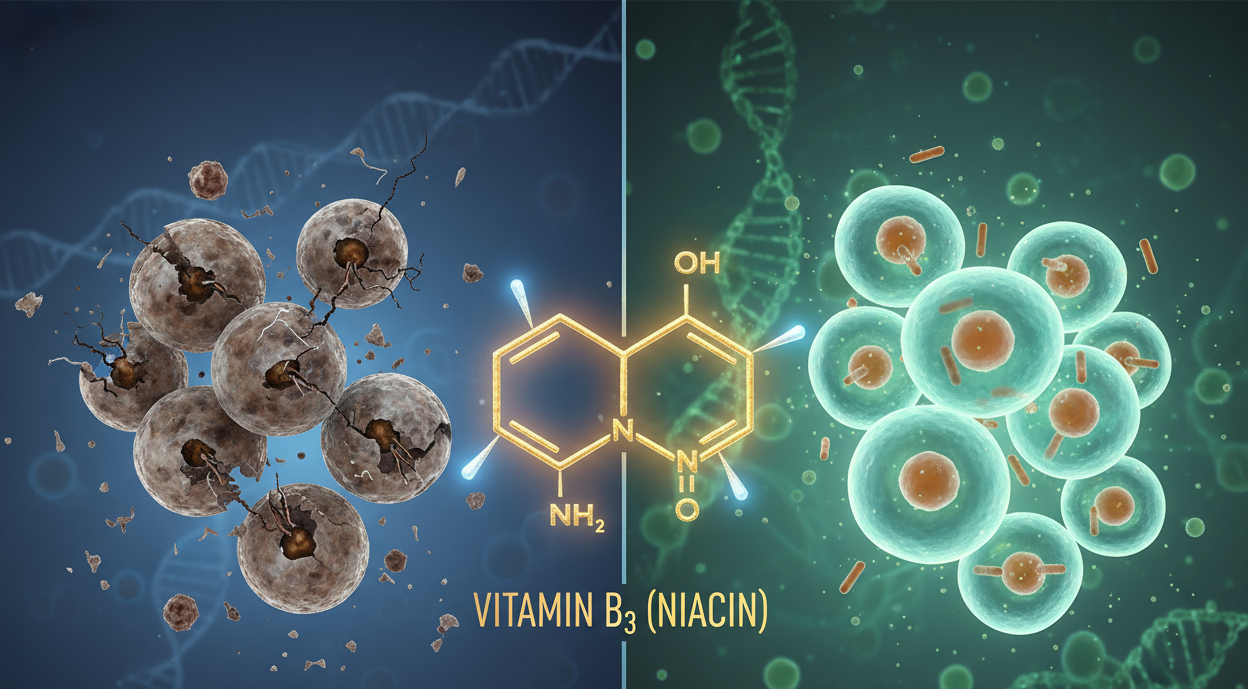 Vitamin B3 niacin molecule between damaged cells and healthy cells, visualizing anti-aging benefits