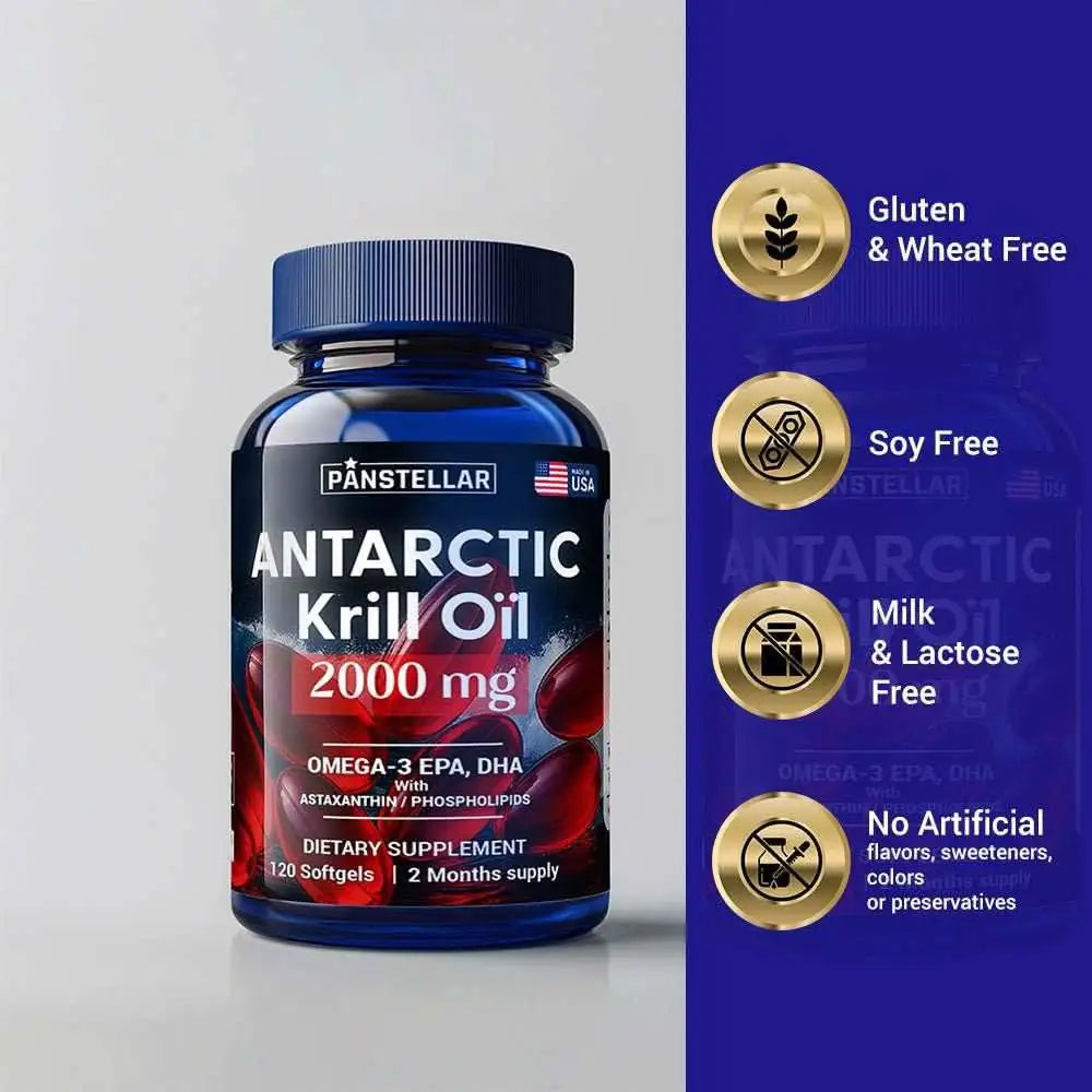 Antarctic krill oil 2000mg supplement bottle with benefits icons; gluten-free, soy-free, lactose-free, no artificial additives.