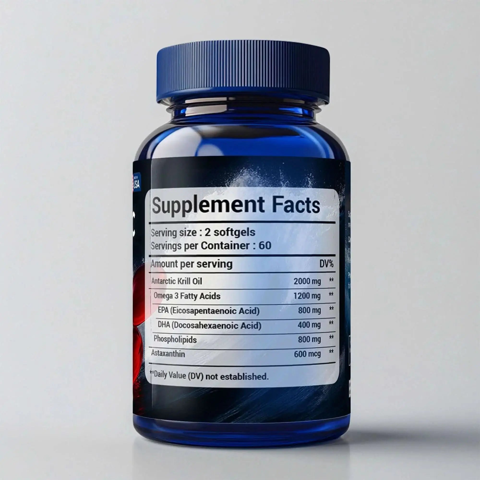 Antarctic krill oil supplement bottle back, showing supplement facts with omega-3, EPA, DHA.