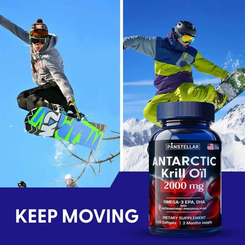 Snowboarders performing jumps in snowy mountains next to Antarctic krill oil supplement bottle.