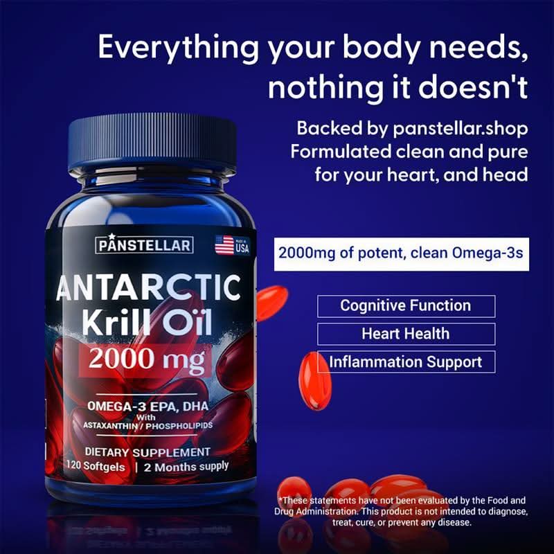 Antarctic krill oil 2000mg supplement bottle with omega-3 softgels, highlighting heart and brain health benefits.