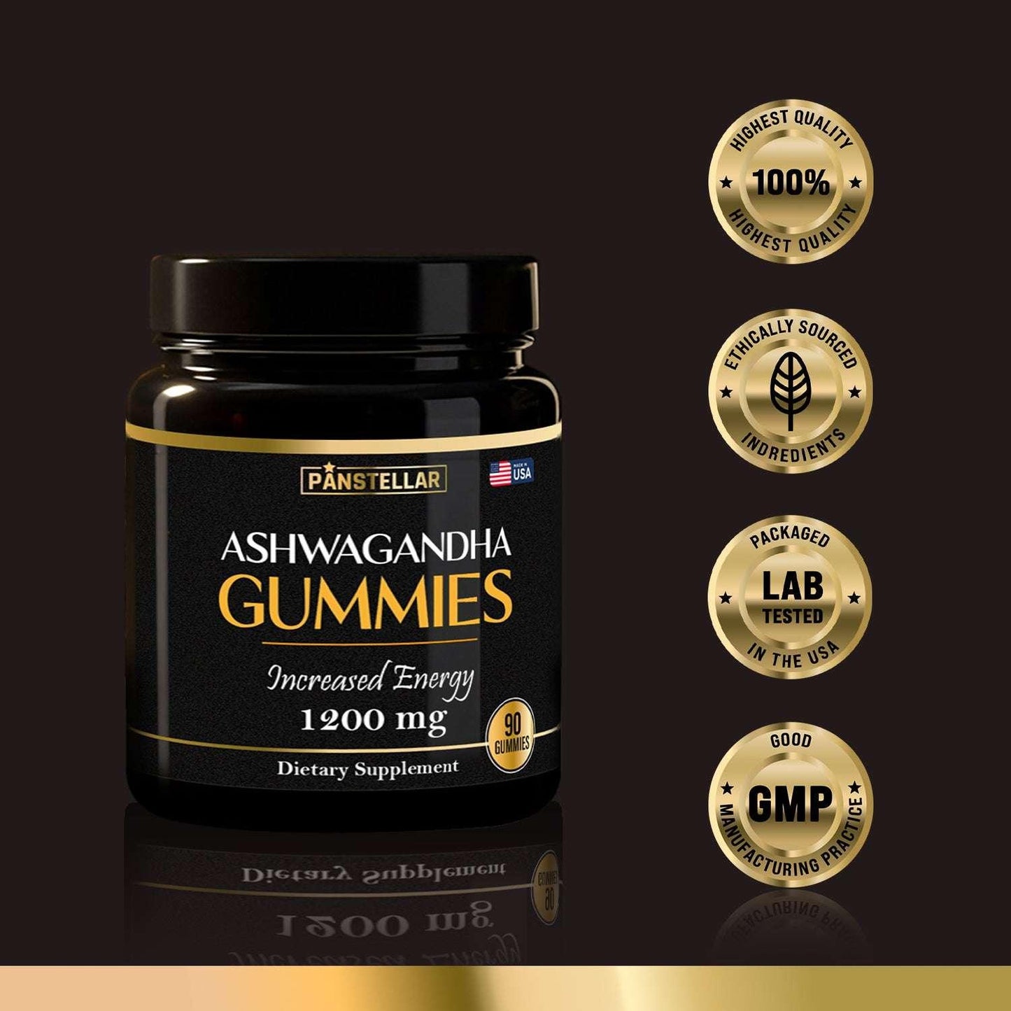 Panstellar Ashwagandha gummies bottle 1200mg, 90 count, supplement features and quality badges