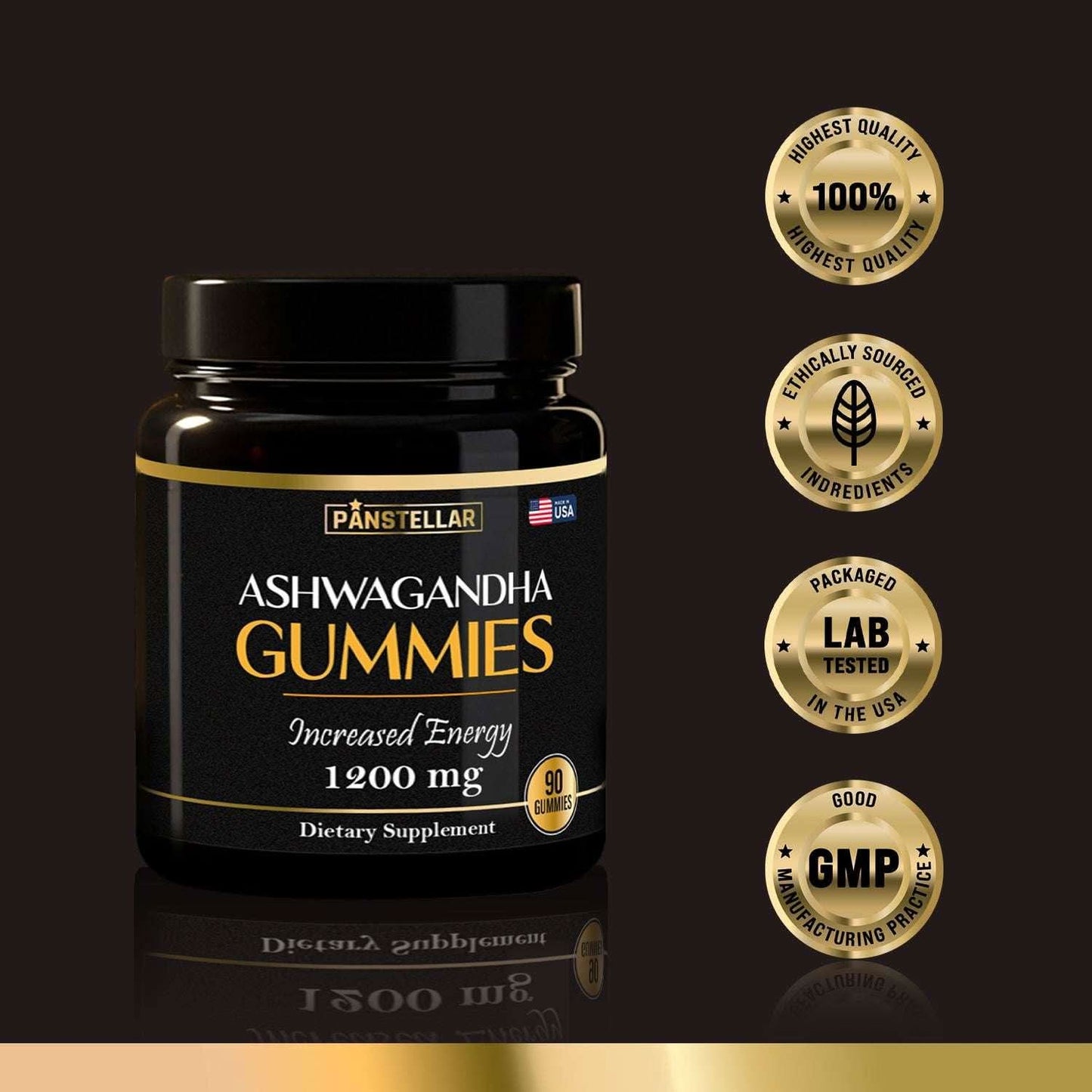 Panstellar Ashwagandha gummies bottle 1200mg, 90 count, supplement features and quality badges