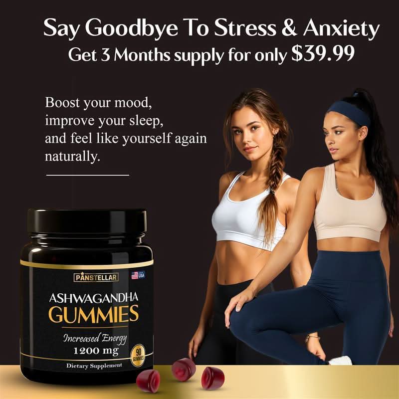 Ashwagandha gummies supplement jar with two fit women, promoting mood, stress and sleep support.