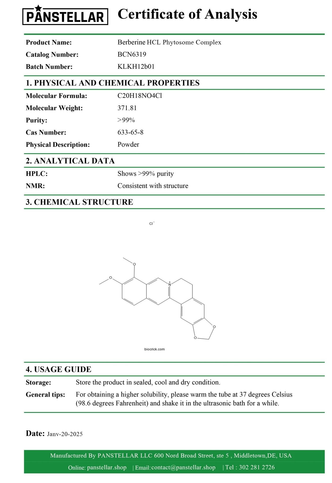 Certificate of Analysis for Berberine HCL Phytosome Complex showing purity, chemical structure, and usage guide.