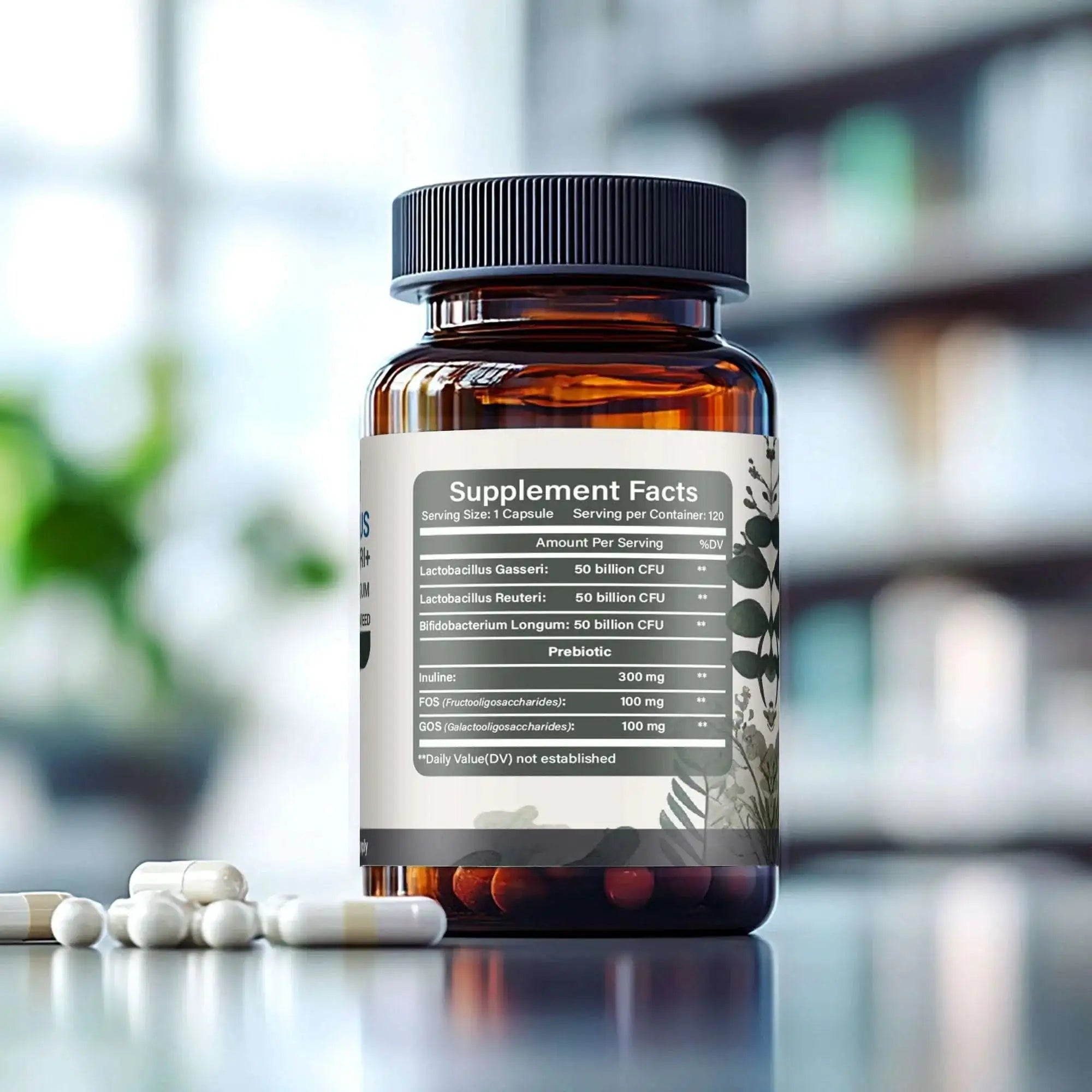 Probiotic supplement bottle with supplement facts label showing Lactobacillus Gasseri, Reuteri, prebiotics, capsules on table.