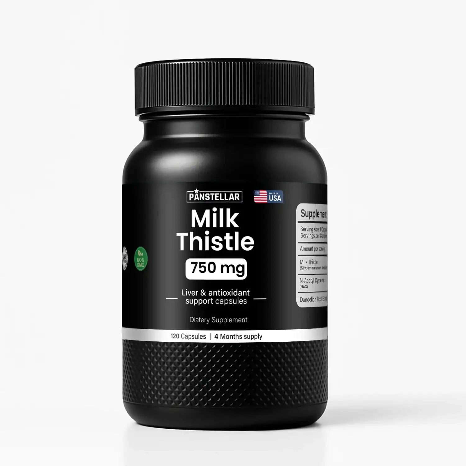 Milk Thistle 750 mg supplement bottle for liver and antioxidant support, 120 capsules
