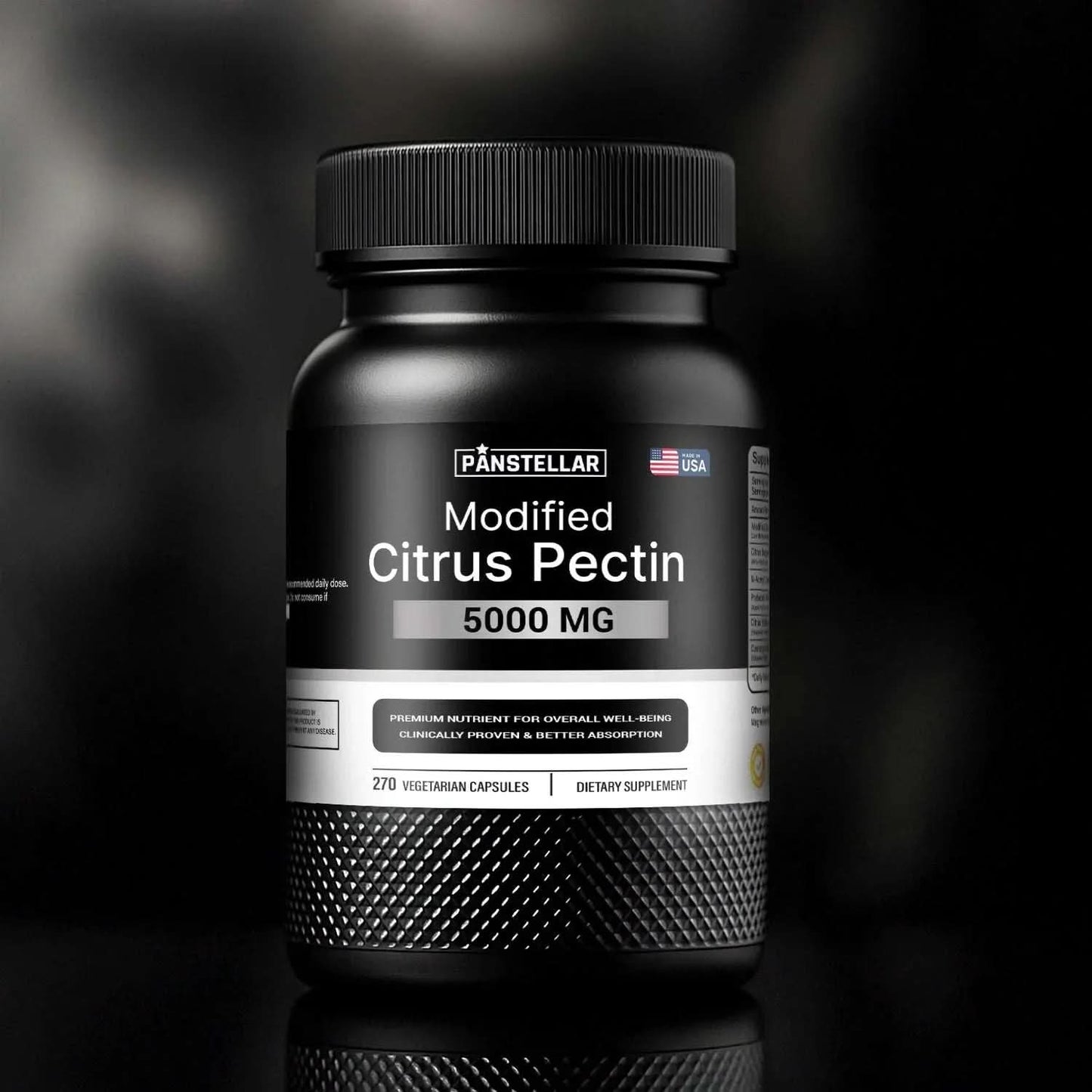 Modified citrus pectin 5000mg supplement bottle with black label, 270 vegetarian capsules