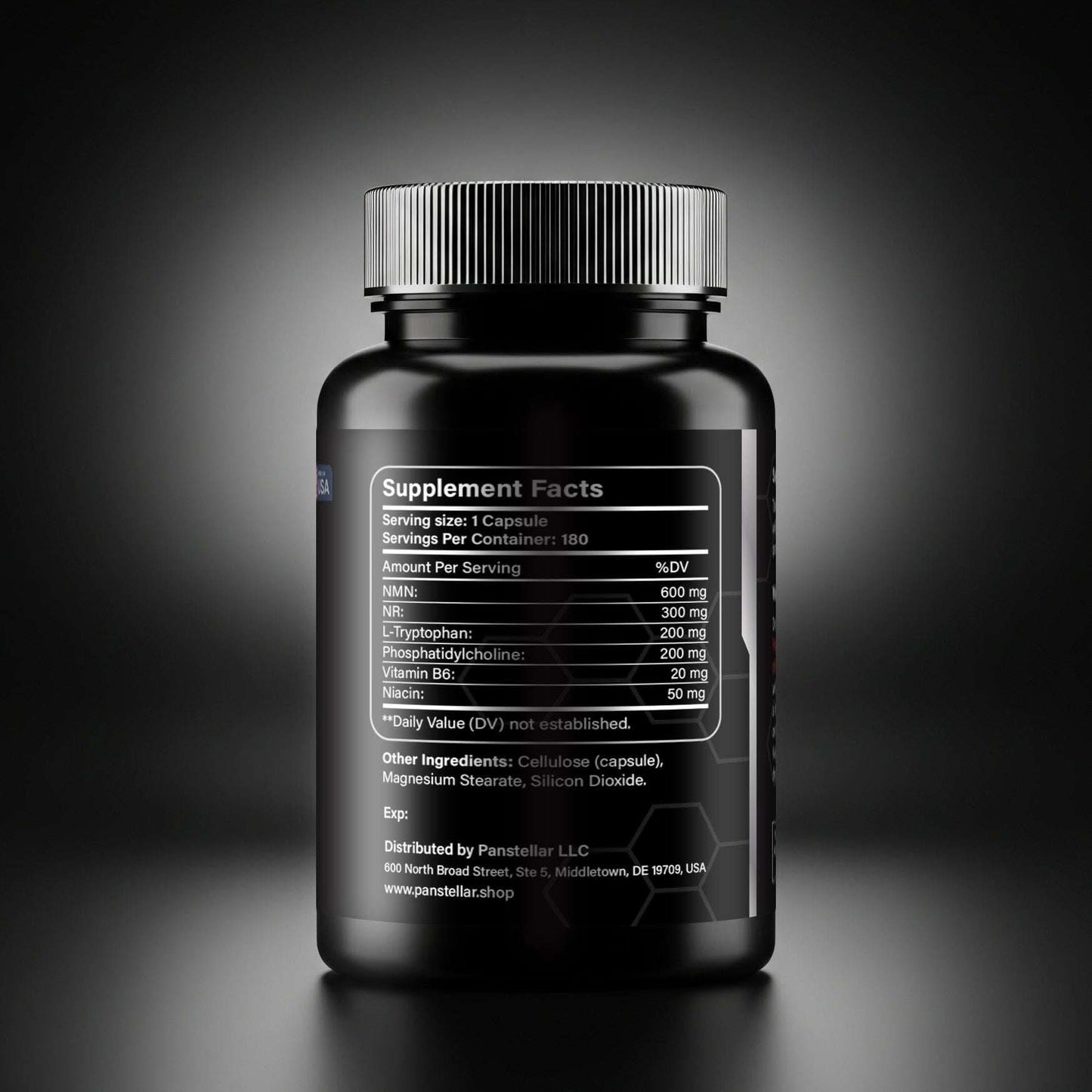 Black bottle with supplement facts label showing NMN, NR, L-Tryptophan, phosphatidylcholine, vitamin B6, and niacin amounts.
