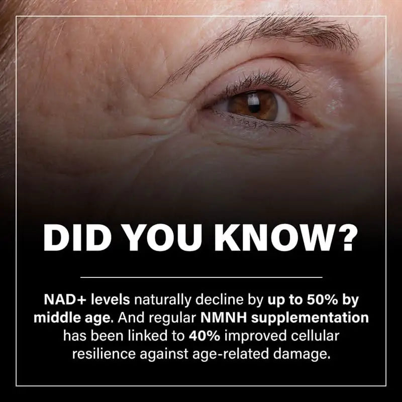 Close-up of older person's eye above text about NAD+ decline and NMN supplementation benefits.