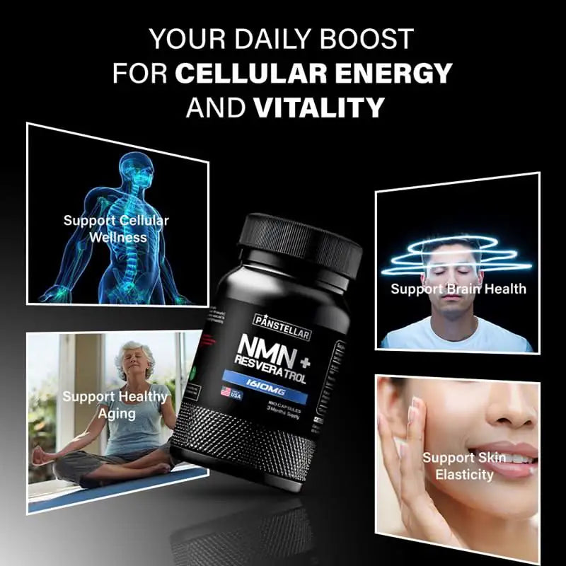 NMN plus Resveratrol supplement bottle with benefits for energy, vitality, cellular wellness, brain health, healthy aging, and skin elasticity.