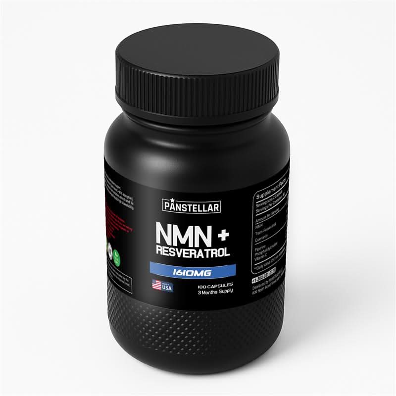 Black bottle of NMN + Resveratrol 1610mg supplement with USA flag label on white background