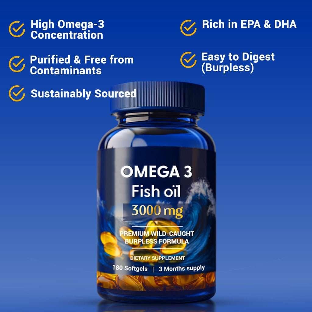 Omega-3 fish oil supplement bottle 3000mg, purified, EPA DHA rich, burpless, 180 softgels.