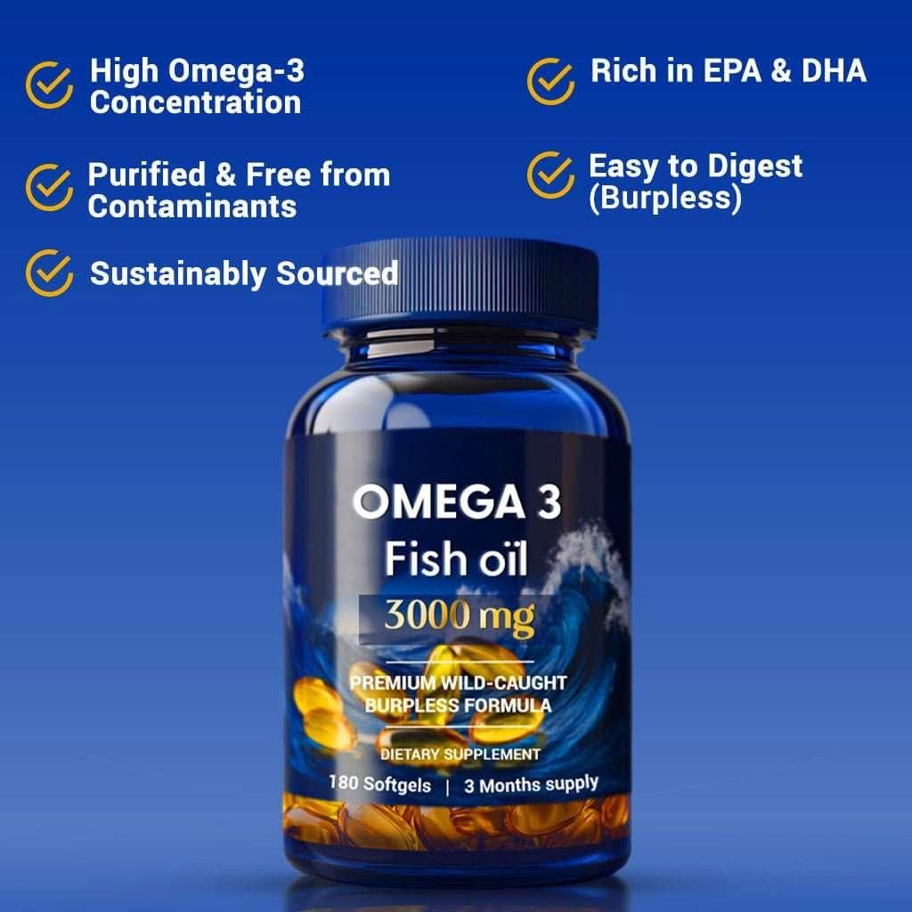 Omega-3 fish oil supplement bottle 3000mg, purified, EPA DHA rich, burpless, 180 softgels.