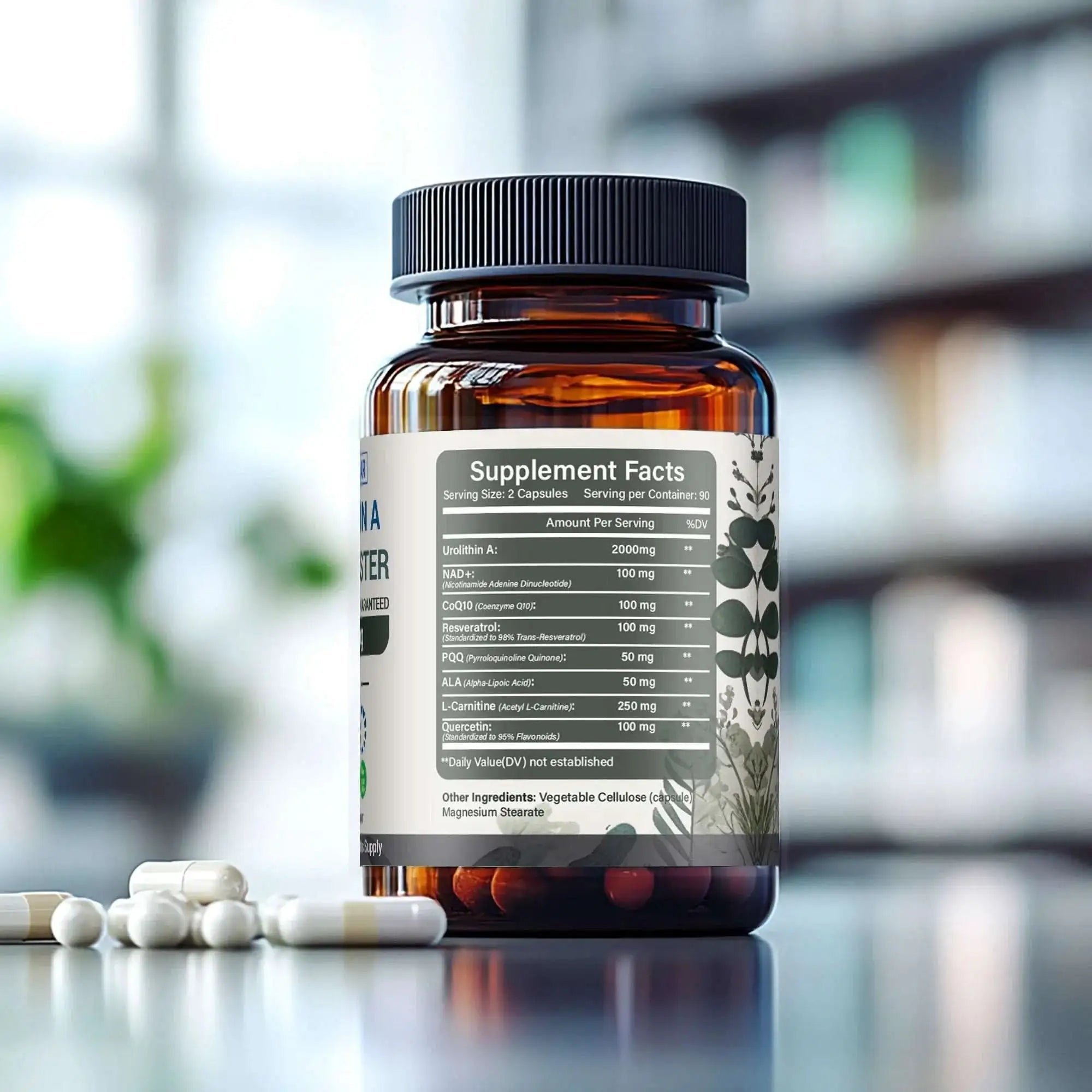 Urolithin A supplement facts label on amber bottle with capsules, health supplement product.