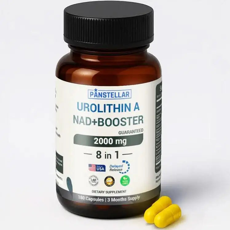 Urolithin A NAD+ Booster supplement bottle with two yellow capsules on white background