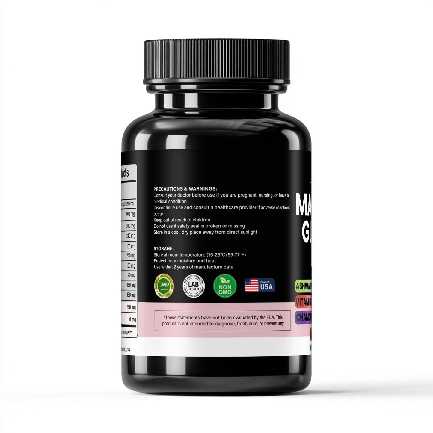 Back label of dietary supplement bottle showing ingredients, usage warnings, and certifications.