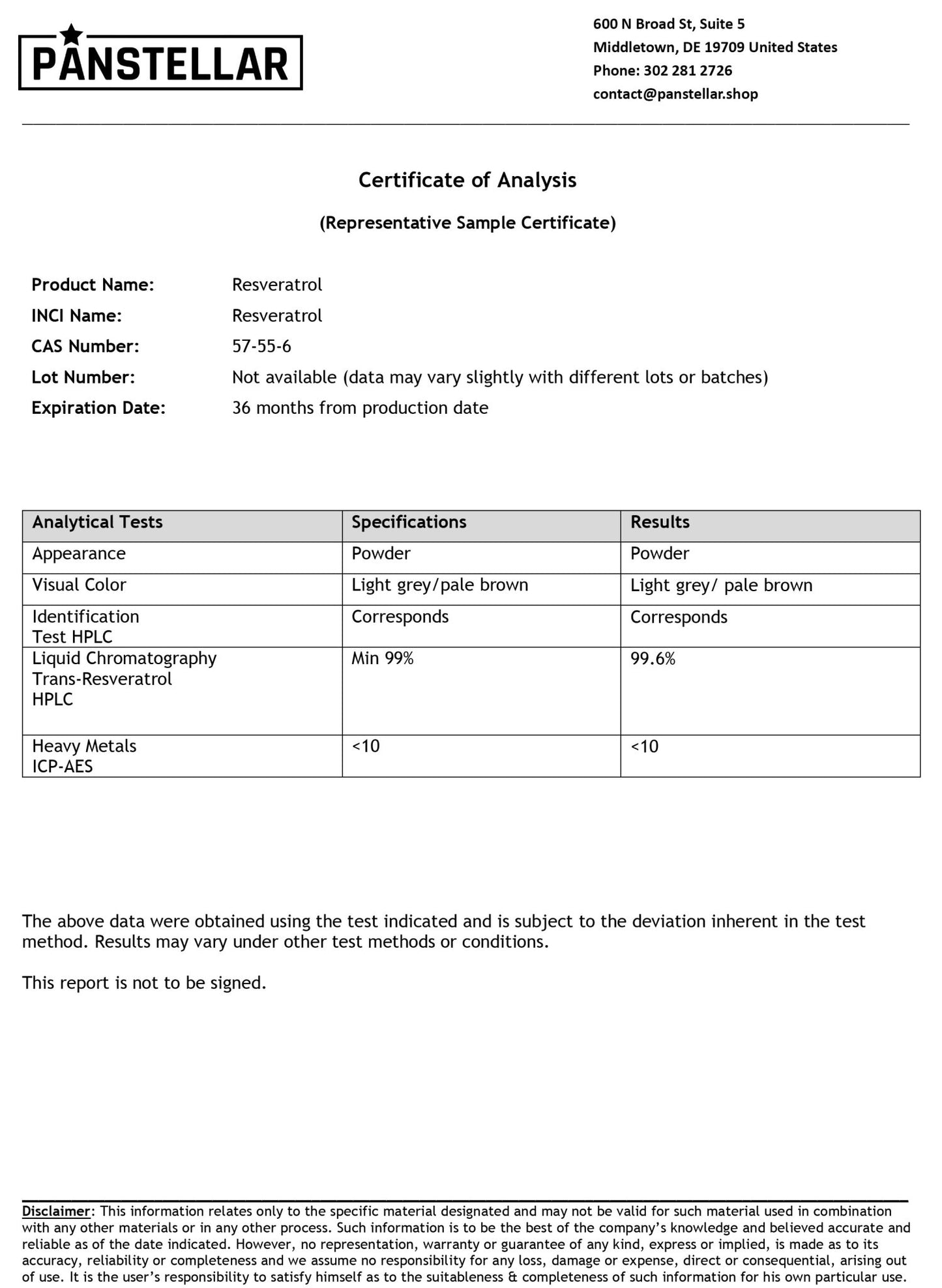Certificate of Analysis for resveratrol supplement powder, showing test results and specifications.