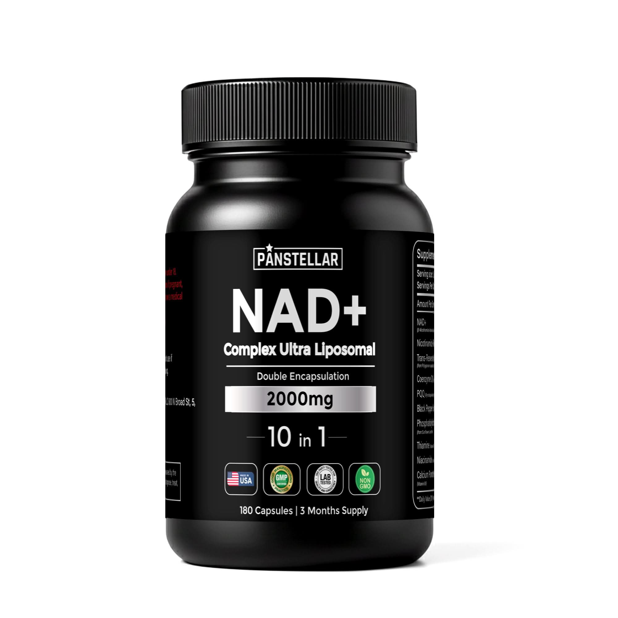 NAD+ Complex Ultra Liposomal supplement bottle, 2000mg, 180 capsules.