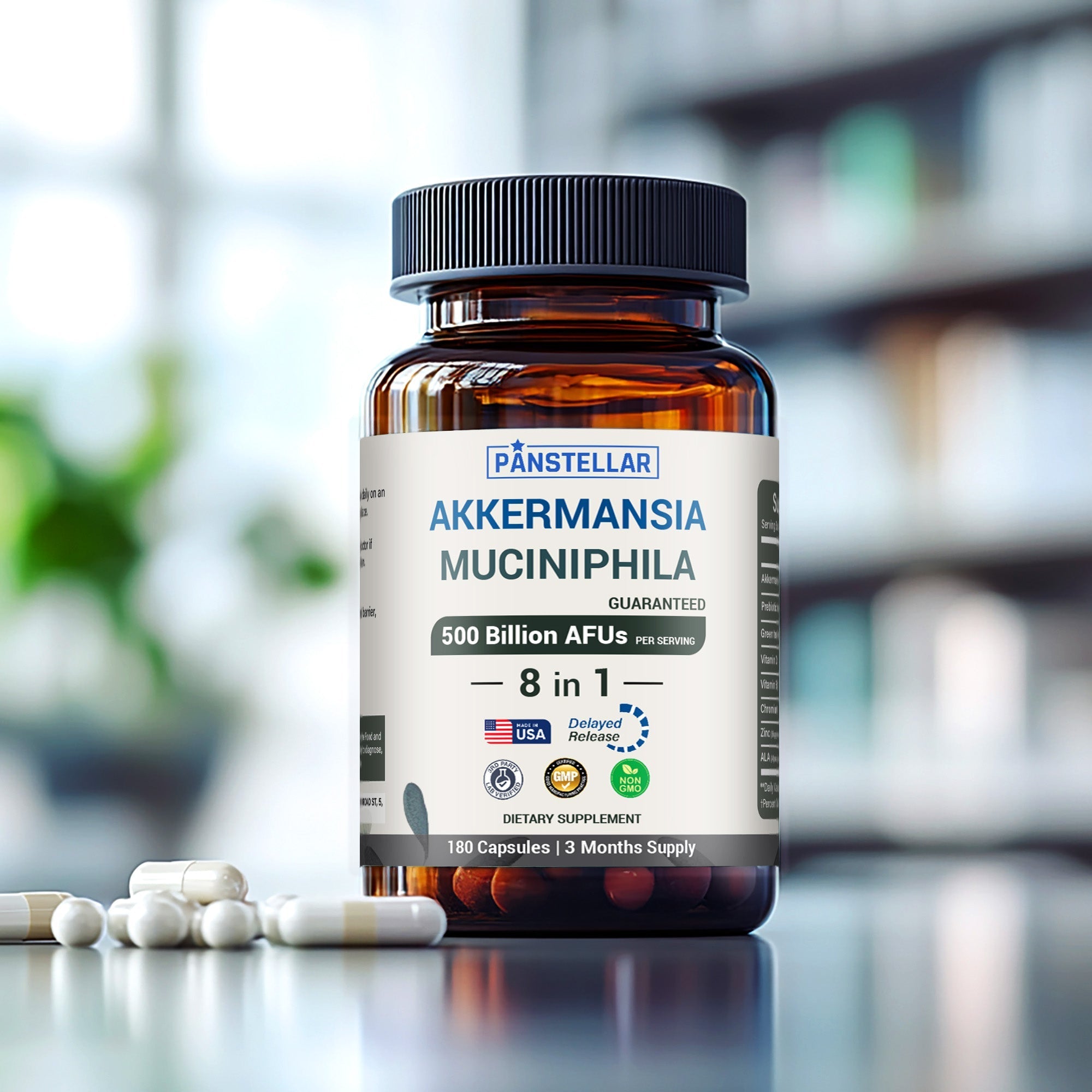 Akkermansia muciniphila probiotic supplement bottle with capsules on table, bright background