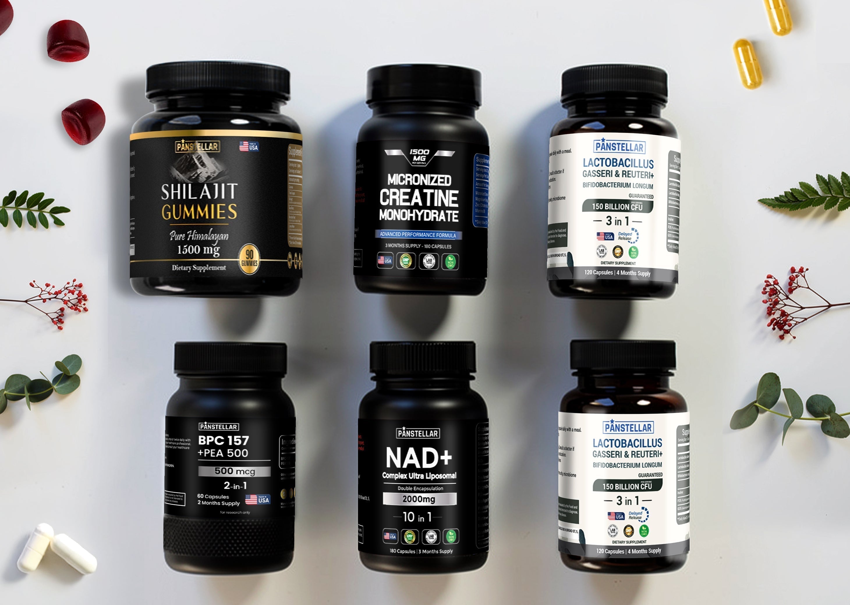 Assorted health supplement bottles including Shilajit gummies, creatine, BPC-157, NAD+, and Lactobacillus on a white background with scattered tablets and botanicals.