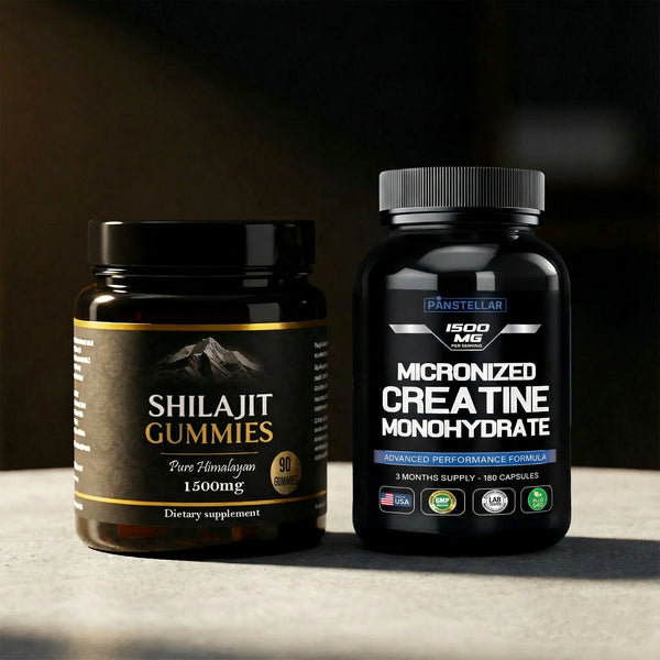 Shilajit gummies and micronized creatine monohydrate capsules dietary supplements on a table