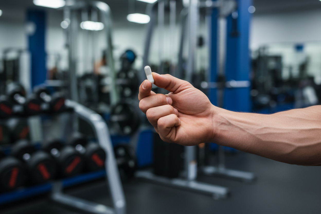 2. Lifestyle: "Close up of a fit person's hand taking a creatine capsule in a gym setting, shallow depth of field, high quality."
