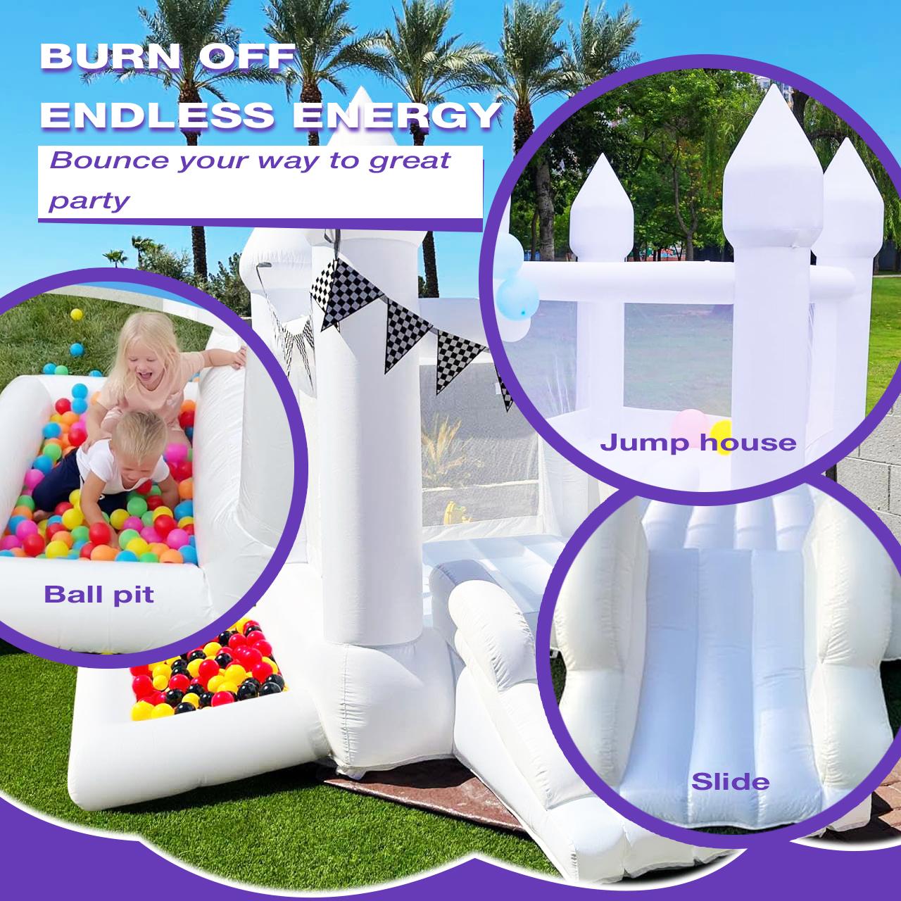 Inflatable Bounce House with Slide and Ball Pit, White, Includes 100 Air Balloons