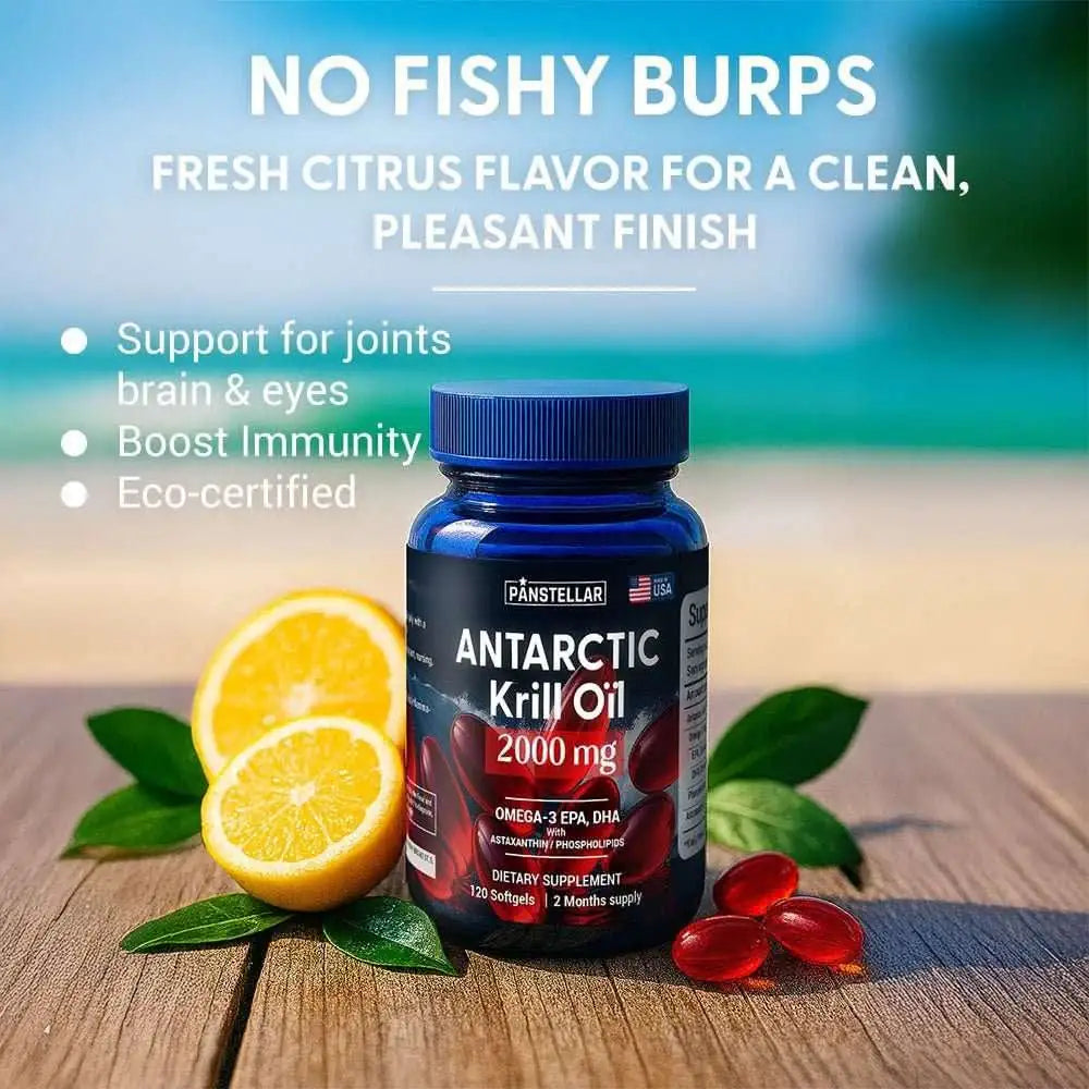 Antarctic krill oil supplement bottle with citrus, omega-3 softgels, on beach background