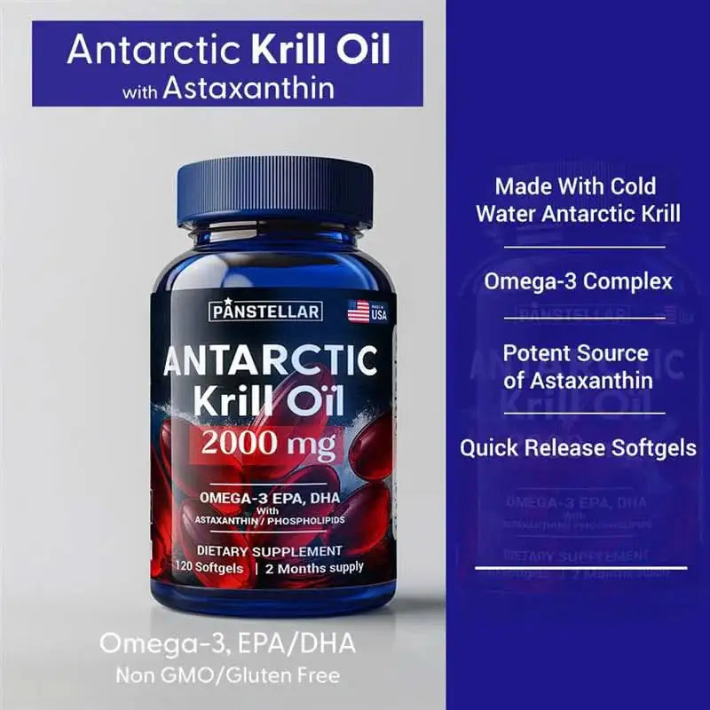 Antarctic Krill Oil 2000 mg supplement bottle with Omega-3, EPA, DHA, astaxanthin, 120 softgels.