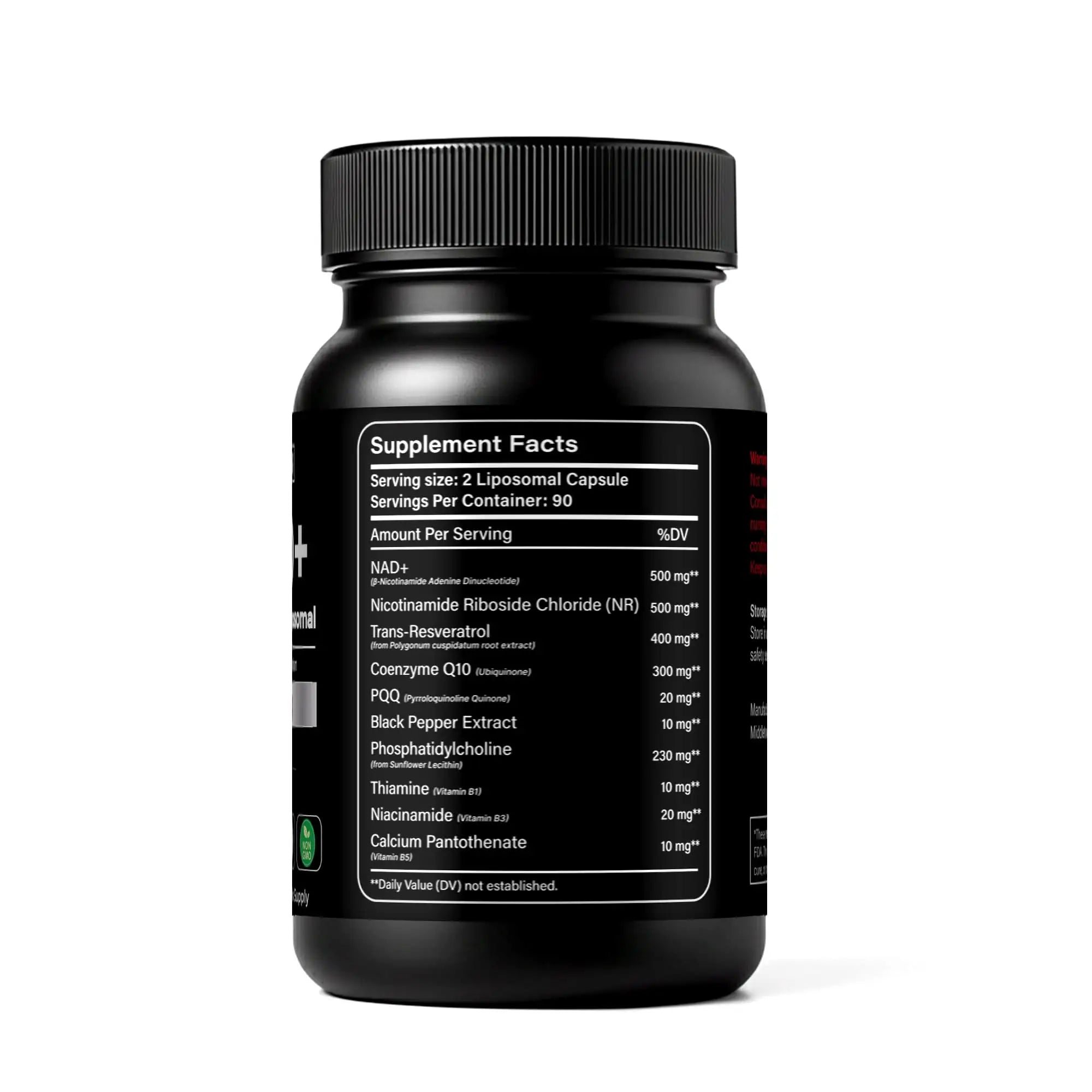 Black supplement bottle showing supplement facts with NAD+, NR, resveratrol, CoQ10, PQQ listed.