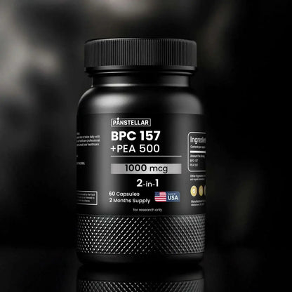 Black bottle of BPC 157 plus PEA 500 supplement, 1000 mcg, 60 capsules, on dark background