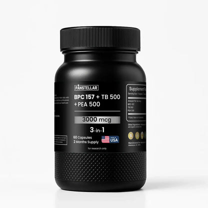 Black supplement bottle labeled BPC 157 TB 500 PEA 500 3000mcg 3-in-1, 60 capsules, on white background
