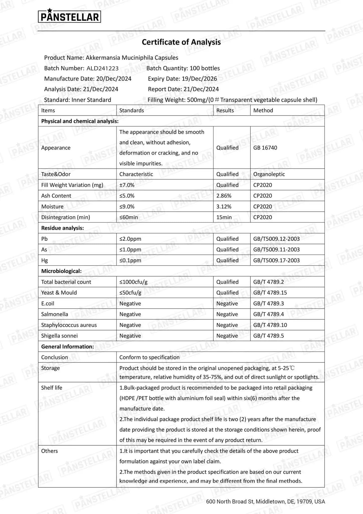 Certificate of Analysis for Akkermansia muciniphila capsules detailing batch, analysis, and test results.