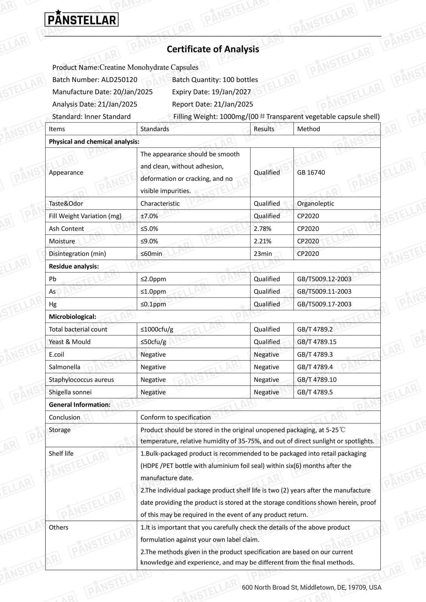 Creatine Monohydrate Capsules - 1500mg Per Serving - Panstellar Shop