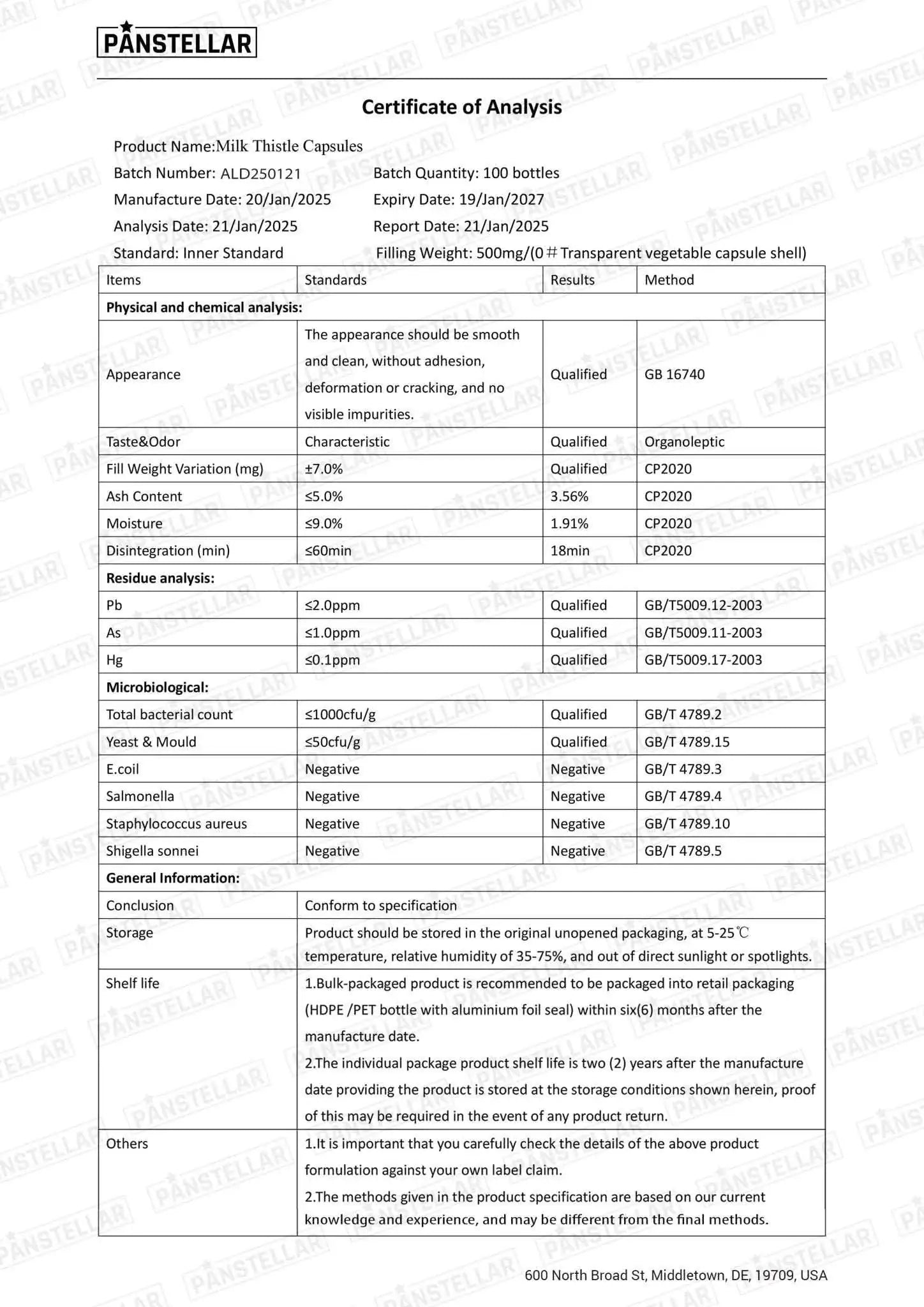 Certificate of Analysis for Milk Thistle Capsules listing batch data, expiry date, quality results, and safety test outcomes.