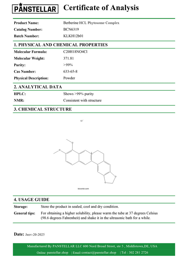 Berberine - Certificate of Analysis