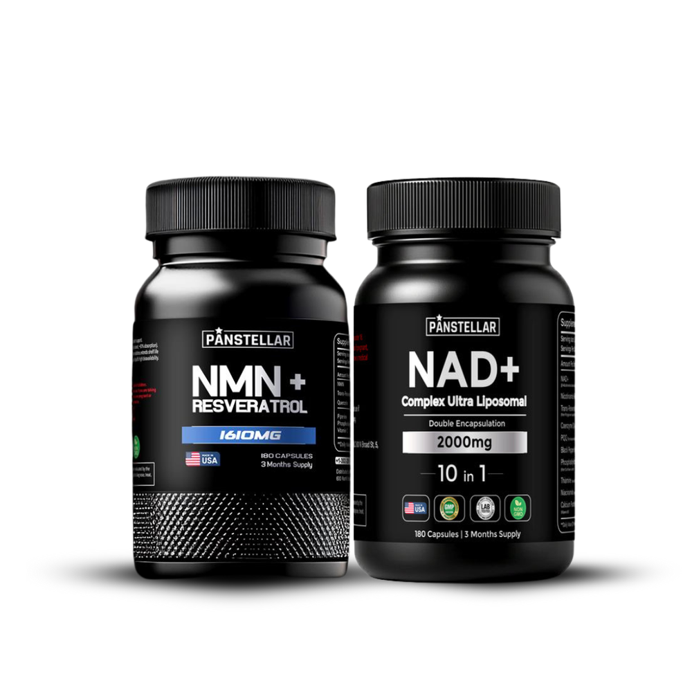 Two black supplement bottles labeled NMN plus Resveratrol and NAD+ on white background