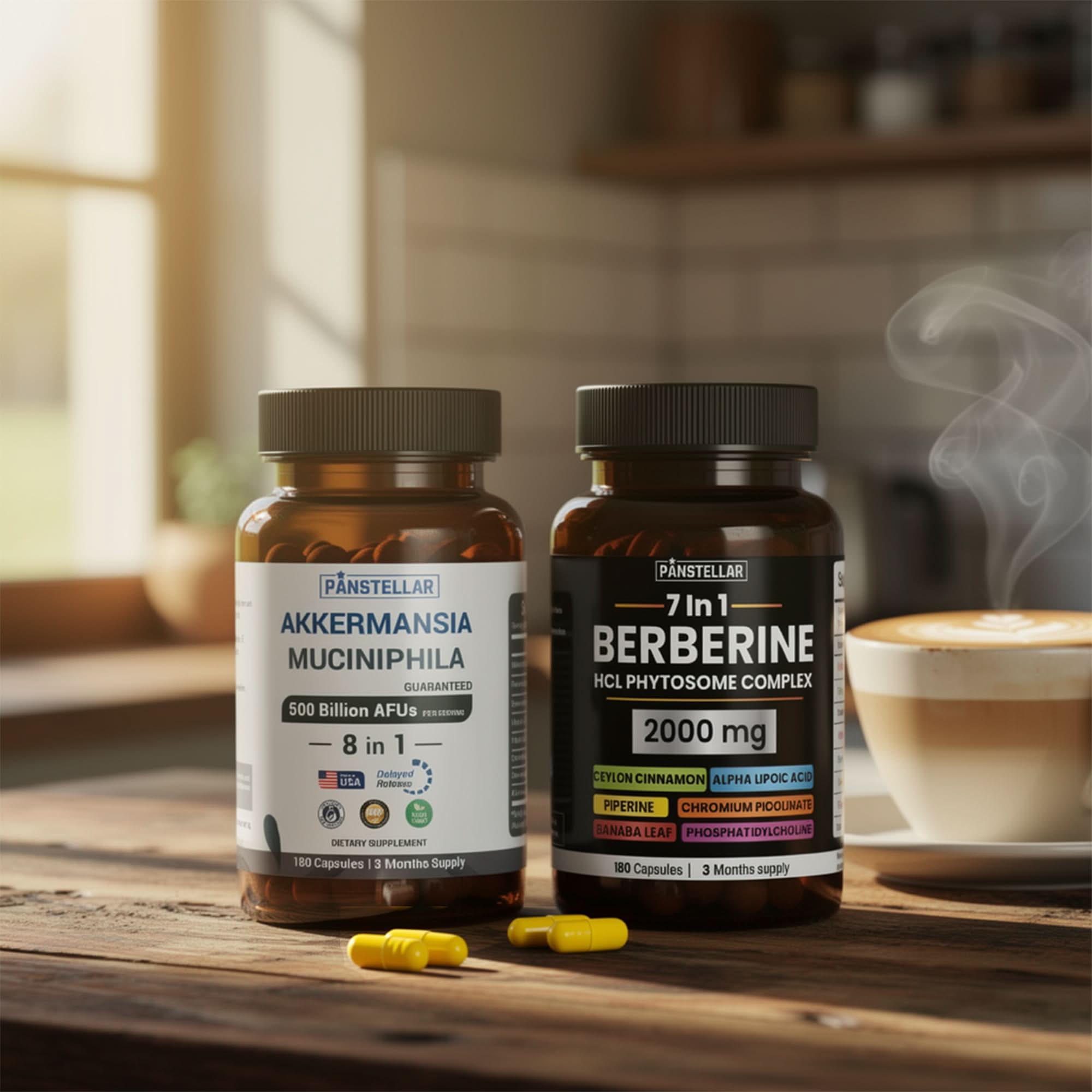 Akkermansia muciniphila and 7-in-1 berberine supplement bottles on kitchen table with coffee cup