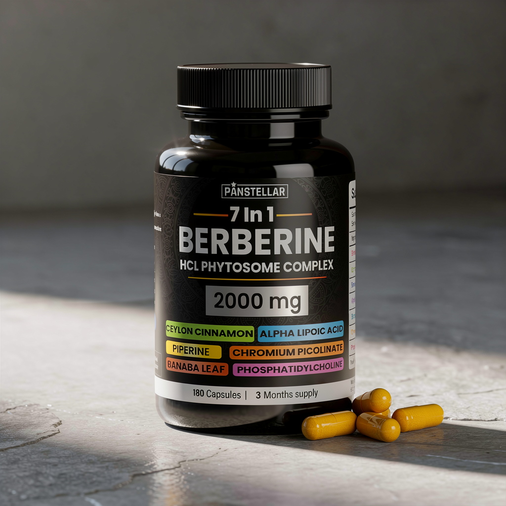 Berberine supplement bottle 2000mg 7-in-1 complex with capsules on a gray surface.