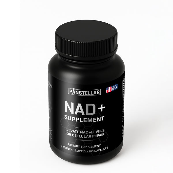 NAD+ supplement bottle with black label, 180 capsules for cellular repair, made in USA
