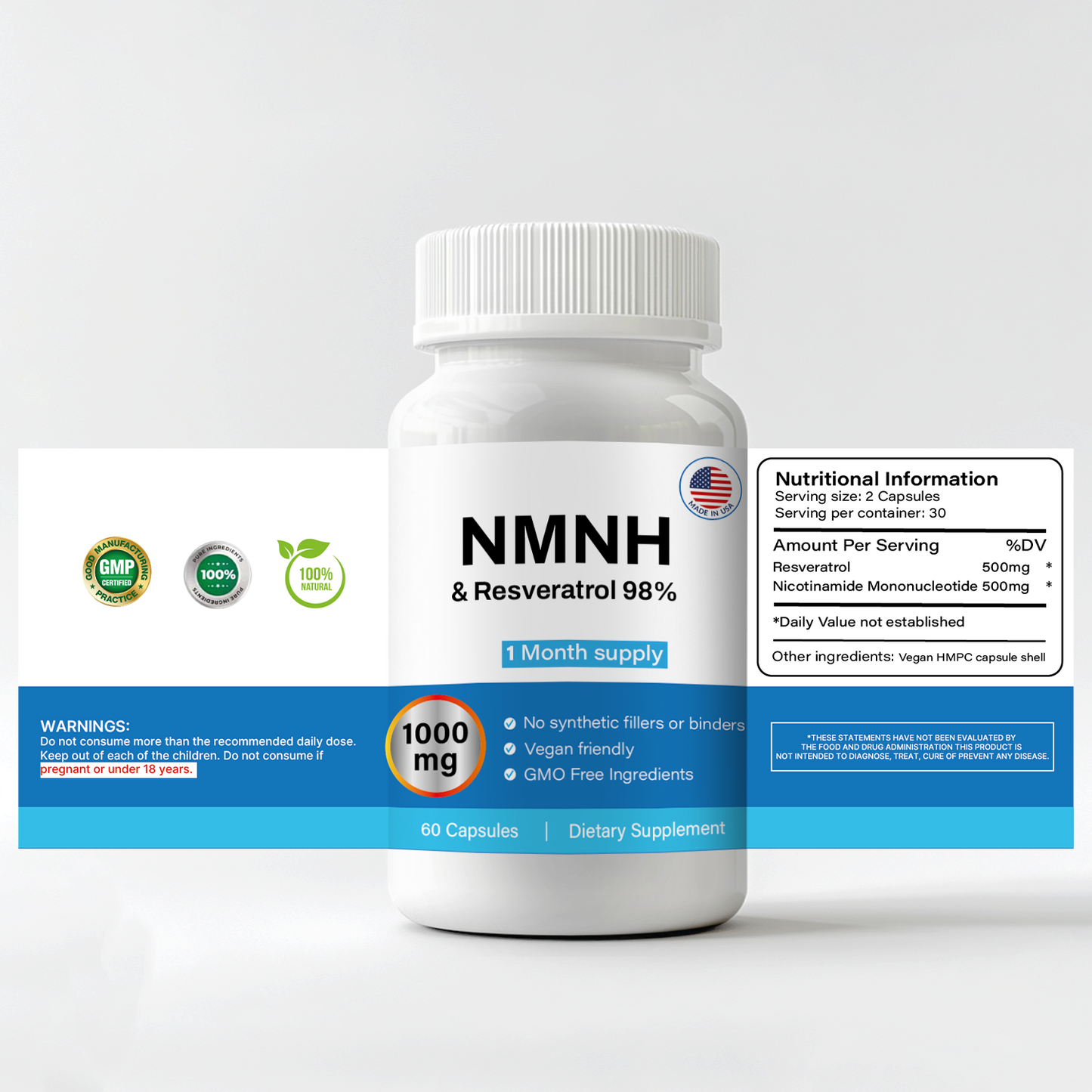 NMNH & Resveratrol 98% – 1000mg (60 Capsules)