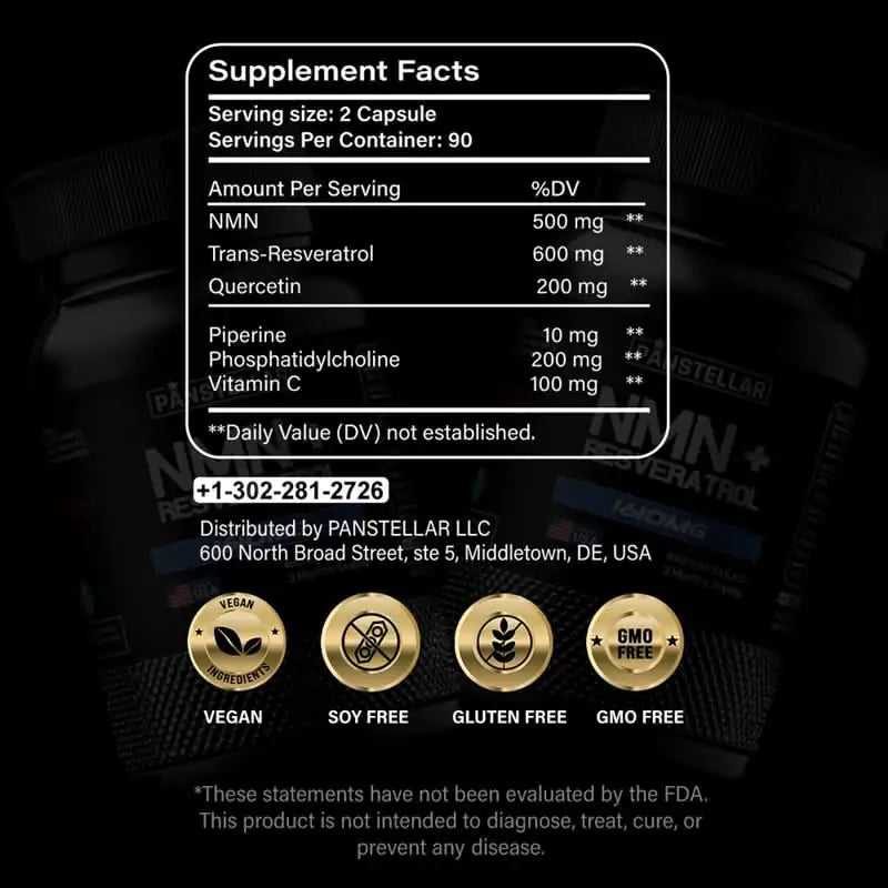NMN supplement facts label with vegan, soy free, gluten free, GMO free icons on black background
