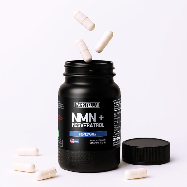 NMN and resveratrol supplement bottle with white capsules on white background