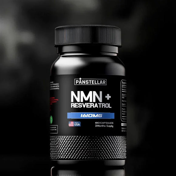 Black NMN plus resveratrol supplement bottle with 1610mg label and USA flag on front.