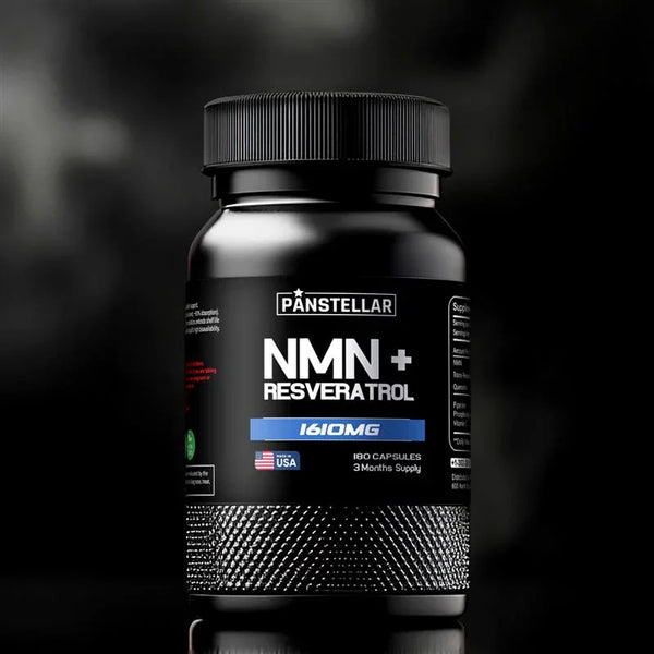 Black NMN plus resveratrol supplement bottle with 1610mg label and USA flag on front.