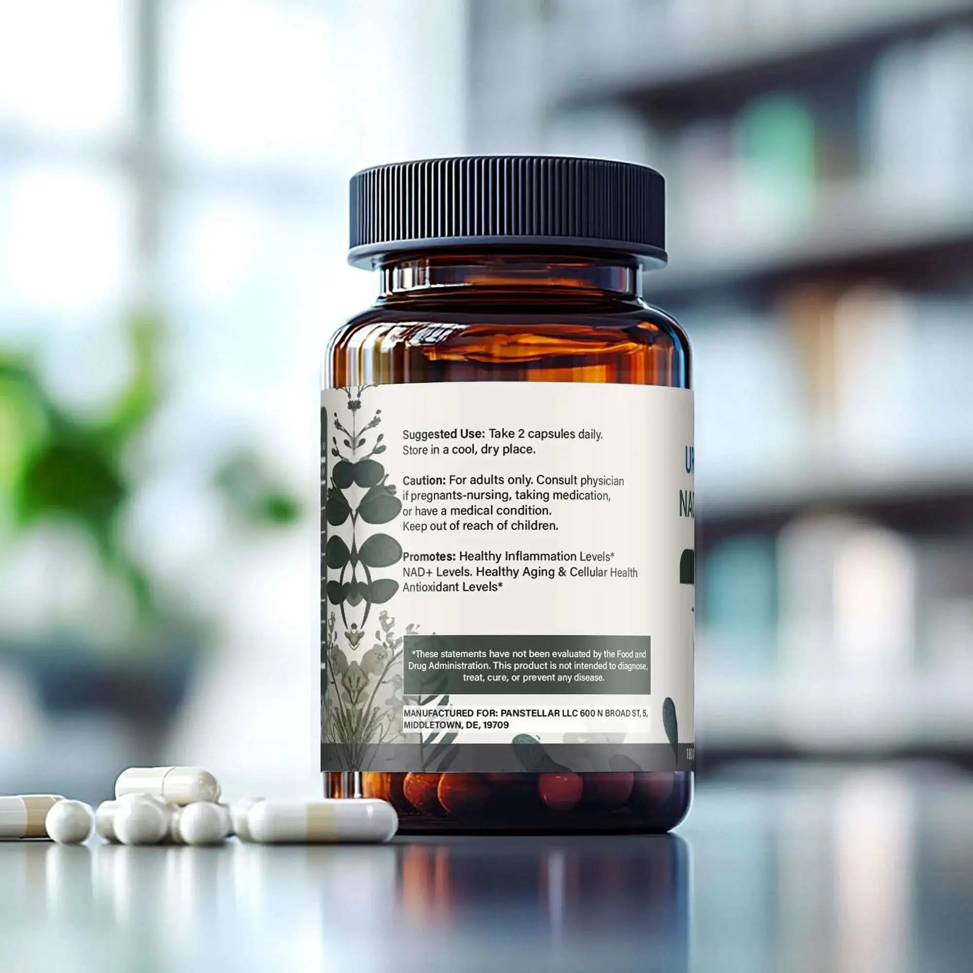 Amber bottle of Urolithin A supplement capsules on table, product label visible, blurred background.
