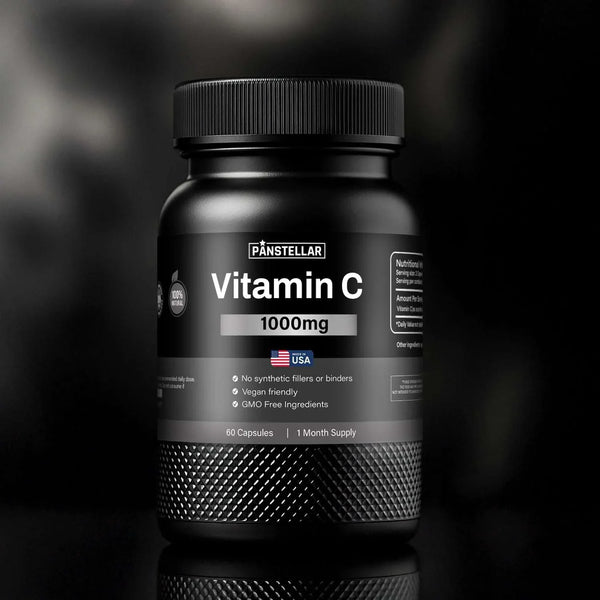 Black bottle of Vitamin C 1000mg capsules, vegan, GMO free, 60 count, USA made