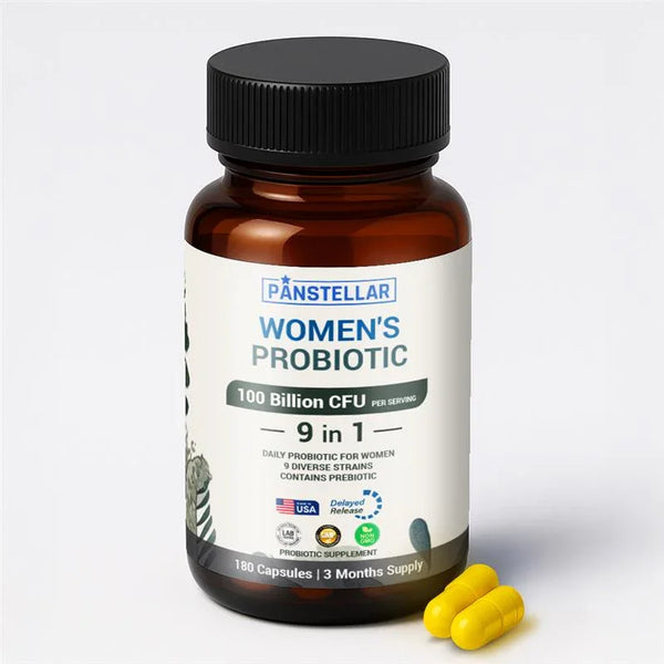 Women's probiotic supplement bottle with 100 billion CFU, 9 strains, and two yellow capsules