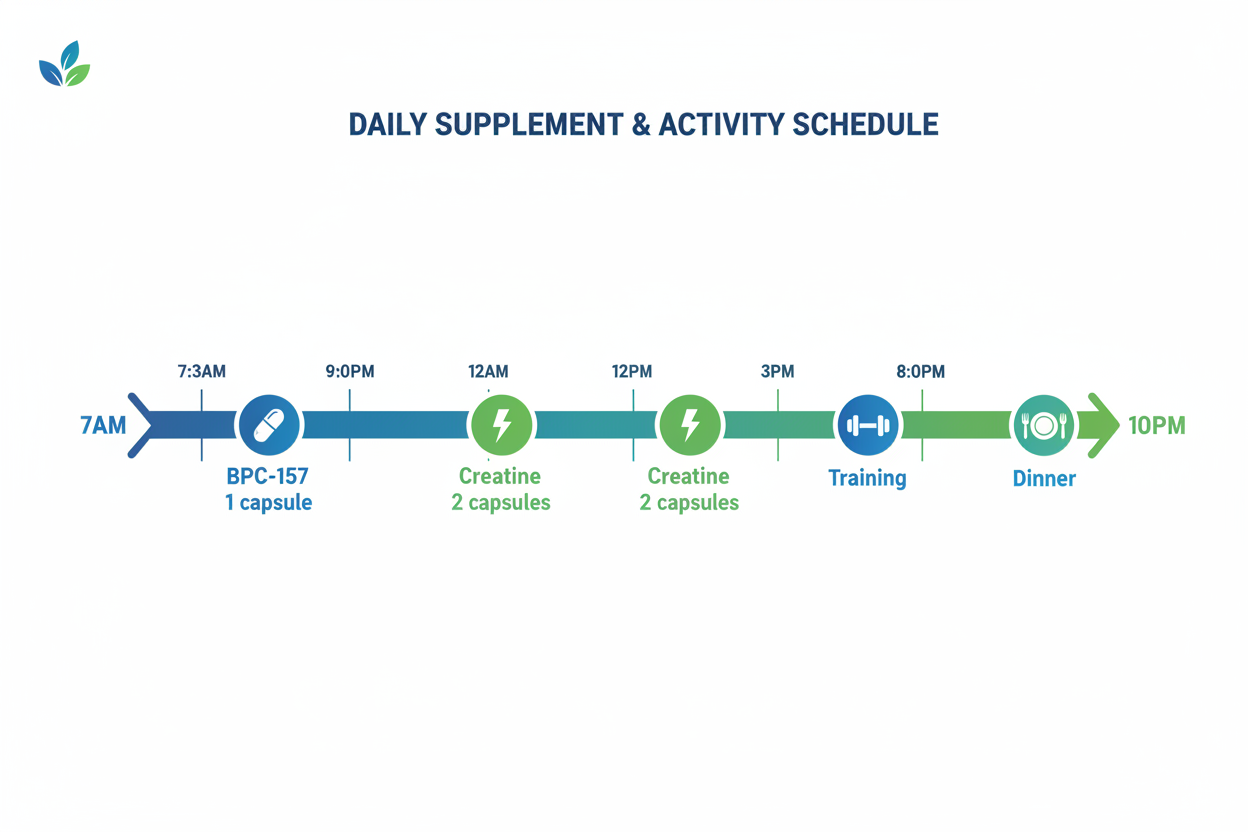 Clean horizontal timeline infographic on white background, timeline arrow from left to right showing 7AM to 10PM, key time markers with icons: 7:30AM with capsule icon and "BPC-157 1 capsule", 5:00PM with lightning bolt icon and "Creatine 2 capsules", 6:00PM with dumbbell icon "Training", 8:00PM with plate icon "Dinner", blue and green color scheme matching brand, modern flat design style, clear sans-serif typography, educational supplement schedule graphic, easy to understand visual guide, landscape format